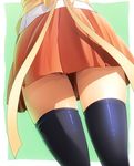  belt black_legwear bow close-up from_behind green_background hokuto_shinken jewelpet_(series) jewelpet_twinkle legs orange_skirt ribbon sara_(jewelpet_twinkle) shiny shiny_clothes skirt solo standing thighhighs thighs zettai_ryouiki 