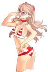  :d adjusting_eyewear ass bikini brown_hair choker flat_chest glasses hand_on_hip long_hair looking_back neon_genesis_evangelion nishieda open_mouth shikinami_asuka_langley simple_background smile solo souryuu_asuka_langley striped striped_bikini striped_swimsuit sunglasses swimsuit 