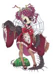  1girl 38red antennae arthropod_girl blue_eyes bow bug commentary_request entoma_vasilissa_zeta fangs fly highres overlord_(maruyama) red_bow red_eyes silk simple_background skin_fangs smile spider_web 