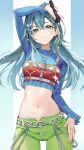  1girl arm_up bandeau belt blue_hair blue_shirt breasts chain_belt chest_harness closed_mouth commentary crop_top frilled_shirt frills gakuen_idolmaster garakuta_road_(idolmaster) green_eyes green_pants hair_ornament hairclip harness highres holding holding_microphone idolmaster jewelry kainown long_hair long_sleeves looking_at_viewer medium_breasts microphone midriff navel necklace pants red_bandeau shirt smile solo stomach sweat tsukimura_temari 