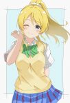  1girl absurdres arm_behind_back ayase_eli blonde_hair blue_eyes blue_skirt bow bowtie breasts closed_mouth collared_shirt commentary_request cowboy_shot green_bow green_bowtie hair_ornament hair_scrunchie high_ponytail highres long_hair looking_at_viewer love_live! love_live!_school_idol_project maho_ron1 medium_breasts one_eye_closed otonokizaka_school_uniform ponytail school_uniform scrunchie shirt short_sleeves simple_background skirt smile solo summer_uniform vest white_background white_scrunchie white_shirt yellow_vest 