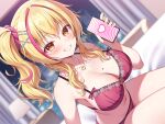  1girl blonde_hair bow bow_bra bra breasts cellphone cleavage commentary_request dutch_angle grin hair_ornament hair_scrunchie hand_up heart heart_necklace heart_pendant holding hypnosis_app hypnotizing_viewer jewelry large_breasts lingerie long_hair looking_at_viewer mauve mole mole_on_breast multicolored_hair navel necklace panties parted_lips phone pink_hair pink_scrunchie pinkpunkpro purple_bra purple_panties scrunchie side_ponytail sidelocks sitting smartphone smile solo sonohara_airi streaked_hair two-tone_hair underwear underwear_only virtual_youtuber voice_drama_available x_hair_ornament 