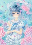  1girl absurdres amu_(m_aa) artist_name blue_hair blue_ribbon bob_cut cowboy_shot dated dress flower frilled_dress frills highres holding holding_umbrella hydrangea original painting_(medium) puffy_short_sleeves puffy_sleeves rain ribbon short_hair short_sleeves signature solo swept_bangs traditional_media umbrella watercolor_(medium) white_dress 