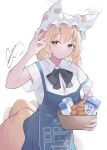  1girl absurdres alternate_costume animal_hat apron black_bow black_bowtie blonde_hair blue_apron blue_skirt bow bowtie button_gap closed_mouth collared_shirt commentary dated food food_request fox_tail guaninekoubou hat highres kitsune long_hair looking_at_viewer mob_cap multiple_tails shirt short_sleeves signature simple_background skirt solo tail touhou translation_request white_background white_shirt yakumo_ran yellow_eyes 