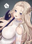  1girl absurdres anniversary bare_shoulders between_breasts black_gloves blonde_hair blue_eyes blush breasts brown_dust_(series) brown_dust_2 cleavage clothing_cutout commentary_request darian_silverstein darian_silverstein_(herald_of_enlightenment) dress elbow_gloves gloves hair_ornament highres large_breasts long_hair looking_at_viewer official_alternate_costume ok_sign open_mouth parted_bangs partial_commentary revealing_clothes shoulder_cutout sidelocks simple_background single_elbow_glove smile solo sunameri_(pixiv3564245) sword teeth tongue tongue_out upper_body upper_teeth_only weapon weapon_between_breasts white_dress 
