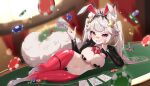  1girl absurdres animal_ear_fluff animal_ears bandaid bandaid_on_face bandaid_on_nose between_breasts blonde_hair bow bowtie breasts breasts_out card clothes_between_breasts commentary cross_hair_ornament english_commentary fake_animal_ears fishnet_pantyhose fishnets fluffy_tail fox_ears fox_girl fox_tail grin hair_ornament hayate_fish heart_pasties highres indie_virtual_youtuber looking_at_viewer medium_breasts navel pantyhose pasties playboy_bunny playing_card poker_chip poker_table rabbit_ears red_bow red_bowtie red_nails reverse_bunnysuit reverse_outfit shirahiko_(vtuber) short_eyebrows smile smug solo table tail thighs twintails virtual_youtuber white_wrist_cuffs wide_hips wrist_cuffs 