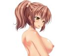  1girl aomi_riru blush breasts brown_hair cleavage collarbone from_side game_asset hair_between_eyes hair_ornament hair_scrunchie half-closed_eyes large_breasts large_variant_set nipples non-web_source nude official_art open_mouth perky_breasts ponytail raised_inner_eyebrows scrunchie self-datamine sidelocks simple_background solo standing tachi-e tan toriumi_hinata transparent_background upper_body variant_set wavy_mouth yumemi_ga_cheek! 