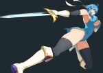  1girl absurdres ahoge armpits ass black_thighhighs blue_hair blue_tunic boots breasts cleavage commission commissioner_upload confident elbow_gloves fire_emblem fire_emblem:_genealogy_of_the_holy_war gloves gloves_over_elbow_gloves hand_on_own_chest hand_up headband highres holding holding_sword holding_weapon large_breasts looking_at_viewer namicha no_panties original pelvic_curtain popped_collar purple_eyes selia_(mrtalkingdino) short_hair sidelocks skeb_commission sleeveless smile solo sword thick_thighs thighhighs thighs tomboy tunic underbutt weapon white_headband 