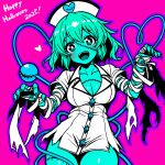  1girl :d alternate_costume aqua_nails bandaged_arm bandages blue_skin blush breasts bright_pupils buttons chirisazame1 claw_pose cleavage collarbone colored_skin commentary_request cowboy_shot dated diamond_button disembodied_linked_eye dot_nose dress eyeball green_hair halloween halloween_costume hands_up happy_halloween hat heart heart_of_string komeiji_koishi nurse nurse_cap open_mouth outline pink_background purple_outline short_hair short_sleeves simple_background smile solo standing stitched_arm stitched_face stitched_fingers stitched_leg stitched_neck stitches teeth torn_clothes torn_dress touhou upper_teeth_only white_dress white_pupils zombie 