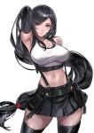  1girl absurdres arm_behind_back arm_up armpits black_hair black_skirt black_thighhighs breasts commentary cowboy_shot crop_top earrings elbow_gloves elbow_pads final_fantasy final_fantasy_vii final_fantasy_vii_remake final_fantasy_vii_revelation floating_hair gloves highres jewelry juaag_acgy large_breasts long_hair looking_at_viewer low-tied_long_hair midriff miniskirt navel pleated_skirt red_eyes revision single_elbow_pad skirt smile solo street_fighter street_fighter_6 suspender_skirt suspenders suspenders_gap tank_top teardrop_earrings thighhighs tifa_lockhart very_long_hair white_tank_top zettai_ryouiki 