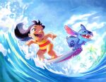  1girl black_hair blue_fur dark-skinned_female dark_skin day highres lilo_&amp;_stitch lilo_pelekai long_hair nuri_durr one-piece_swimsuit open_mouth outdoors palm_tree red_one-piece_swimsuit stitch_(lilo_&amp;_stitch) surfboard swimsuit tree two-tone_one-piece_swimsuit water yellow_one-piece_swimsuit 