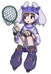  0ekaki_internet 1girl absurdres alien_nine animal_costume animal_hood black_gloves brown_eyes brown_hair butterfly_net commentary_request fingerless_gloves full_body gloves hand_net highres holding holding_net hood hood_up hoodie kawamura_kumi kneehighs knees_up looking_at_viewer open_mouth oversized_shoes purple_hoodie roller_skates short_hair sitting skates socks solo white_background 