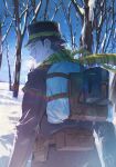  1boy backpack bag bare_tree blue_coat blue_sky breath coat commentary_request dated from_behind golden_kamuy hat highres itobi24 kepi looking_back male_focus military_hat military_uniform nature outdoors peaked_cap pouch scar scar_on_face scar_on_mouth scarf sky snow solo standing sugimoto_saichi tree yellow_scarf 