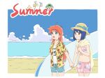  2girls ahoge beach bikini bikini_top_only blue_eyes blue_hair blue_shorts border brown_eyes chinese_commentary collarbone commentary_request flip_flappers hat hawaiian_shirt highres holding_hands hoverboard kokomine_cocona long_hair midriff multiple_girls ocean open_mouth orange_hair outdoors papika_(flip_flappers) rou_tiao sand shirt shorts summer swimsuit tt-392 uexkull water white_border white_shorts yellow_hat 