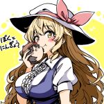  1girl black_hair blonde_hair blue_dress blush bow breasts brown_eyes brown_hat buttons center_frills chirisazame1 collared_shirt commentary_request dress frills hand_up hat hat_bow hat_ribbon holding large_breasts long_hair looking_at_viewer open_mouth outline pink_bow pink_ribbon ribbon shirt short_sleeves simple_background single_strap smile solo tearing_up touhou translation_request upper_body very_long_hair watatsuki_no_toyohime white_hat white_outline white_shirt yellow_background yellow_eyes yukkuri_shiteitte_ne 