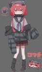  1girl animal_hat beanie black_jacket black_neckerchief black_sailor_collar black_socks brown_shoes character_name chibi chibi_inset closed_mouth collar commentary_request full_body grey_background grey_shirt hat highres jacket loafers long_hair long_sleeves looking_at_viewer loose_socks low_twintails miniskirt neckerchief nial off_shoulder original plaid_clothes plaid_skirt pleated_skirt red_hair red_skirt sailor_collar shirt shoes simple_background skirt sleeves_past_fingers sleeves_past_wrists socks spiked_collar spikes standing striped_hat translation_request twintails 