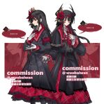  1girl armband artist_name black_capelet black_hair black_pantyhose black_shirt black_skirt capelet collared_shirt commentary_request commission crown extra_eyes extra_horns fingernails flower gameplay_mechanics gloves hair_flower hair_ornament highres layered_skirt long_fingernails long_hair long_skirt long_sleeves mahou_shoujo_no_majo_saiban multiple_views necktie nikaido_hiro pantyhose pleated_capelet pleated_skirt red_armband red_eyes red_necktie red_skirt shirt side_capelet signature simple_background skirt speech_bubble spoilers torn_clothes torn_gloves twitter_username watermark white_background white_gloves white_shirt witch_(manosaba) wuubaiwan 