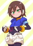  1girl absurdres aile_(mega_man_zx) black_bodysuit blue_jacket blush_stickers bodysuit buzzlyears commentary cowboy_shot cropped_jacket green_eyes highres jacket mega_man_(series) mega_man_zx pearl_thong robot_ears short_hair shorts solo white_shorts 