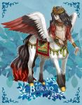  1boy arabian_clothes awii black_hair blue_background centaur crown dark-skinned_male dark_skin feathered_wings full_body gradient_hair jewelry long_hair looking_at_viewer male_focus monster_boy multicolored_hair original pegasus red_hair solo standing taur wings yellow_eyes 