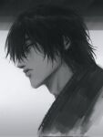  1boy black_hair closed_mouth commentary english_commentary from_side fushiguro_toji greyscale hair_between_eyes highres japanese_clothes jujutsu_kaisen kimono looking_ahead male_focus monochrome short_hair simple_background sketch solo ttrimshun upper_body white_background 