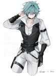  1boy ahoge belt belt_collar black_belt black_gloves blue_hair buttons choker collar collarbone collared_shirt commentary_request cropped_legs earrings expressionless fingerless_gloves genshin_impact gloves hair_between_eyes hair_intakes hand_in_own_hair hand_on_own_thigh highres jewelry lapels lohen_(genshin_impact) lohen_(standardized_test)_(genshin_impact) male_focus mole mole_under_eye multicolored_eyes official_alternate_costume open_collar pants pinstripe_pattern pinstripe_vest shirt short_hair single_earring solo twitter_username unagi_to_kame vest waistcoat white_background white_pants white_shirt 