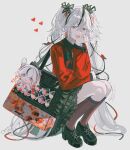  1girl absurdres alternate_costume alternate_hair_length_(longer) bag black_bag black_flower black_shoes black_skirt black_socks blake_bloom_(wuthering_waves) camellya_(wuthering_waves) camellya_mascot_(meme) commentary_request earrings flower frilled_bag gold_earrings grey_background hair_between_eyes hair_flower hair_ornament heart highres hikaku_(siyrgr) itabag jewelry jirai_kei long_hair long_sleeves looking_at_viewer meme open_mouth otaku red_shirt shirt shoes simple_background skirt smile socks solo squatting v white_eyes white_hair wuthering_waves 