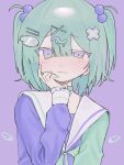  1girl aqua_hair blush closed_mouth commentary_request hair_bobbles hair_ornament hand_on_own_face highres long_sleeves looking_at_viewer multicolored_eyes nial original pastel_colors purple_background sailor_collar school_uniform serafuku short_hair solo two_side_up upper_body wing_hair_ornament x_hair_ornament yume_kawaii 