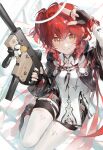  1girl absurdres arknights arm_up black_gloves black_jacket chinese_commentary commentary_request detached_wings exusiai_(arknights) exusiai_the_new_covenant_(arknights) fingerless_gloves from_above gloves gun halo hand_up highres holding holding_gun holding_weapon jacket kriss_vector looking_at_viewer medium_hair one_side_up red_hair shirt sitting smile solo submachine_gun thighhighs three-finger_salute traditional_halo wannatchears weapon white_shirt white_thighhighs wings yellow_eyes 