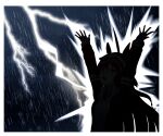  1girl absurdres ahoge animal_ears arms_up cloud cloudy_sky commentary dark_cloud electrocution english_commentary highres horse_ears horse_girl lightning long_hair manjo_(warito) outdoors rain red_desire_(umamusume) sky solo storm storm_cloud struck_by_lightning umamusume 