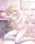  1girl absurdres blonde_hair bra closed_mouth commentary dolce_rosa earrings elbow_gloves english_commentary fingerless_gloves flower fujimori_shiki garter_straps gloves green_eyes hair_flower hair_ornament high_heels highres indoors jewelry long_hair looking_at_viewer navel original panties pink_bra pink_flower pink_panties pink_shoes shoes sitting smile solo stomach thighhighs underwear veil very_long_hair white_garter_straps white_gloves white_thighhighs yokozuwari 