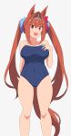  1girl animal_ears bare_arms bare_shoulders blue_one-piece_swimsuit breasts brown_hair collarbone commentary_request covered_navel daiwa_scarlet_(umamusume) english_commentary fang hair_between_eyes hair_intakes highres horse_ears horse_girl horse_tail kugui_kiyunemu large_breasts long_hair looking_at_viewer one-piece_swimsuit open_mouth red_eyes school_swimsuit simple_background skin_fang smile solo swimsuit tail tiara twintails umamusume very_long_hair 