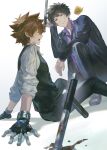  2boys absurdres animal arm_support baby_animal bird black_gloves black_hair black_jacket black_necktie black_pants black_suit black_vest blood blood_on_face brown_eyes brown_hair bruise bruise_on_face chick closed_eyes closed_mouth collared_shirt crack cracked_floor gloves hibari_kyouya highres holding holding_weapon injury jacket katekyo_hitman_reborn! looking_at_another male_focus multiple_boys necktie open_mouth pants purple_shirt sawada_tsunayoshi shirt short_hair sitting sleeves_rolled_up smile spiked_hair squatting suit suit_jacket sweat tonfa torn_clothes vest weapon white_background white_shirt yaoyaobae 