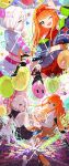  2girls :d ;d absurdres angel asymmetrical_legwear balloon black_dress black_sailor_collar black_shirt black_shoes black_shorts black_socks blue_eyes blue_jacket blue_shirt blue_skirt bottle bow braid cellphone character_signature clothes_around_waist commentary_request confetti crop_top dress english_text gakuen_idolmaster gameplay_mechanics garakuta_road_(idolmaster) glowstick gradient_hair green_eyes hair_bow hairband half_up_braid hatsuboshi_gakuen_school_uniform highres holding holding_glowstick holding_marker holding_phone idolmaster jacket katsuragi_lilja layered_skirt long_hair looking_at_viewer looking_back marker midriff multicolored_hair multiple_girls multiple_views notebook official_alternate_costume one_eye_closed open_mouth orange_hair parted_bangs perfume_bottle phone pink_bow pink_scrunchie plaid_clothes plaid_skirt red_shirt red_skirt sailor_collar school_uniform scrunchie shirt shiun_sumika shoes short_hair shorts sitting skirt smartphone smile socks sparkle srkw003 standing stuffed_animal stuffed_toy sweater sweater_around_waist tokimeki_emotion_(idolmaster) white_dress white_hair white_shirt white_shoes 