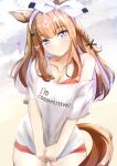  +_+ 1girl absurdres almond_eye_(umamusume) animal_ears blue_eyes blush bow bra braid braided_sidelocks breasts brown_hair cleavage clothes_writing colored_inner_hair commentary_request hair_between_eyes hair_ornament hairband hairclip highres horse_ears horse_girl horse_tail long_hair looking_at_viewer medium_breasts multicolored_hair red_bra red_shorts shirt shorts sidelocks single_bare_shoulder solo sugi_(user_nash8444) symbol-shaped_pupils tail umamusume underwear white_hairband white_shirt x-shaped_pupils 