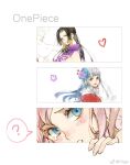  3girls ? aqua_hair black_hair blue_eyes blunt_bangs blush boa_hancock chinese_commentary commentary_request copyright_name dress earrings floating_hair giant giantess heart higga high_collar japanese_clothes jewelry kimono kouzuki_hiyori multiple_girls one_piece pink_hair purple_dress red_kimono red_lips salome_(one_piece) shirahoshi sidelocks smile snake_earrings weibo_username 