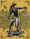  1boy ancient_egyptian_clothes anubis_(mythology) awii balance_scale black_skin claws colored_skin commentary digitigrade full_body furry furry_male jackal_boy jewelry male_focus neck_ring original pelvic_curtain shendyt solo standing weighing_scale yellow_background 