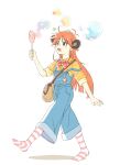  1girl antennae bag blue_overalls brown_bag bubble candy chinese_commentary commentary_request extra_ears fake_antennae flip_flappers food full_body highres holding holding_candy holding_food holding_lollipop lollipop open_mouth orange_hair overalls papika_(flip_flappers) rou_tiao shirt simple_background socks solo striped_clothes striped_socks white_background yellow_shirt 