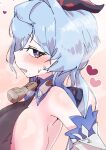  1girl bare_shoulders bell blue_hair blush bodystocking breasts commentary_request detached_sleeves emp11panda from_side ganyu_(genshin_impact) genshin_impact goat_horns hair_between_eyes heart highres horns huge_breasts long_hair looking_at_viewer neck_bell open_mouth purple_eyes sideboob solo sweat 
