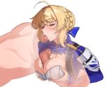 1boy 1girl ahoge anilingus areola_slip artoria_pendragon_(fate) blonde_hair breasts cleavage cleavage_cutout closed_eyes clothing_cutout commentary english_commentary fate_(series) female_rimming_male grabbing_own_breast hetero honkai:_star_rail honkai_(series) paizuri reverse_paizuri saber_(fate) saber_(honkai:_star_rail)_(fate) saliva smugigante tongue tongue_out 