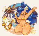  1girl animal_ears anklet beach bikini blue_hair blush bracelet breasts champagne_bottle champagne_flute cleavage closed_eyes constellor cup dione_(constellor) drinking_glass english_text flower gold gold_bikini gold_bracelet gold_eyeshadow hair_flower hair_ornament halo highres holding holding_cup jewelry kneeling large_breasts large_earrings long_hair mole mole_on_stomach navel original palm_tree raised_eyebrows robot signature swimsuit tail thick_thighs thighs tree wide_hips 