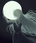  1girl absurdres artist_name bags_under_eyes carrying_over_shoulder closed_eyes dress english_commentary glowing green_theme highres kurohanenone long_hair moon night original outdoors see-through_body sky star_(sky) starry_sky sweater sweater_dress turtleneck very_long_hair white_hair 