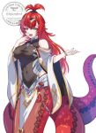  1girl :d artist_name bare_shoulders black_scrunchie bracelet breasts capelet commentary covered_navel fangs fire_emblem fire_emblem_heroes full_body grey_leotard hair_ornament hair_scrunchie hand_to_own_mouth hip_armor hjkmfmf jewelry jormungandr_(fire_emblem) lamia large_breasts leotard long_hair looking_at_viewer monster_girl open_mouth panties pelvic_curtain prehensile_tail red_hair red_ribbon red_scales ribbon scales scrunchie slit_pupils smile solo tail taut_clothes thong thong_panties topknot underwear very_long_hair white_background white_capelet yellow_eyes 