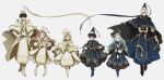  2boys 4girls :3 :d absurdres agott_arklaum_(tongari_boushi_no_atelier) alternate_costume artist_name black_hair blue_capelet blue_cloak blue_eyes blue_hair blue_hat blue_ribbon capelet cloak coco_(tongari_boushi_no_atelier) commentary conical_hat dress facial_hair full_body ggtnnk goatee gold_trim green_eyes green_hair hair_over_one_eye hand_up hands_up hat highres layered_dress long_hair long_sleeves looking_at_another looking_at_viewer multiple_boys multiple_girls olruggio_(tongari_boushi_no_atelier) outstretched_arm parted_lips pince-nez pink_hair purple_eyes qifrey_(tongari_boushi_no_atelier) ribbon richeh_(tongari_boushi_no_atelier) simple_background smile standing tetia_(tongari_boushi_no_atelier) tongari_boushi_no_atelier twitter_username untranslatable_commentary white_background white_cloak white_dress white_hair white_ribbon wizard_hat 