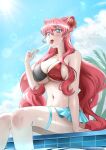  1girl arm_support bikini bikini_skirt blue_pupils blue_sky blush breasts cleavage cloud collar colored_sclera commentary_request crossed_bangs day double-parted_bangs fingernails flower food full_cleavage green_sclera hair_between_eyes hair_ears hair_flower hair_ornament heavy_lens_flare highres holding holding_food holding_popsicle large_breasts lens_flare licking_food light_rays long_fingernails long_hair looking_at_viewer maria_cadenzavna_eve maria_desirer micro_bikini nail_polish navel o-ring o-ring_bikini o-ring_top open_mouth outdoors pansy pink_hair pink_nails poolside popsicle red_flower red_pansy senki_zesshou_symphogear sideboob sidelocks sitting sky small_sweatdrop soaking_feet solo sparkle stomach sun sunlight swimsuit tongue tongue_out underboob wavy_hair 