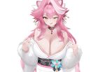  1girl animal_ears bare_shoulders black_sash blush breasts cleavage closed_mouth commentary d5y0m dated_commentary earrings fang fingernails hair_intakes hair_ornament hair_ribbon hair_stick highres hololive hololive_english huge_breasts japanese_clothes jewelry kimono long_hair long_sleeves looking_at_viewer multicolored_hair nail_polish off_shoulder open_mouth panther_ears panther_girl pink_hair pink_nails raora_panthera raora_panthera_(new_year) ribbon sash simple_background solo streaked_hair tongue tongue_out two-tone_hair uneven_eyes virtual_youtuber white_background white_fur white_kimono white_ribbon wince yellow_eyes 