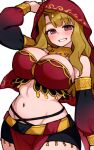  1girl arabian_clothes arm_up bad_id bad_pixiv_id blonde_hair blush breasts brown_eyes commentary_request cowboy_shot detached_sleeves groin idolmaster idolmaster_million_live! kwaejina large_breasts linea_alba long_hair looking_at_viewer miyao_miya navel paid_reward_available pelvic_curtain red_veil simple_background smile solo standing stomach veil white_background 