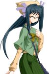  1girl 2000s_(style) animal_hat bag blue_hair blush bow capelet closed_eyes game_asset glasses green_skirt hair_ornament handbag hat large_variant_set long_hair long_sleeves mahou_senshi_(series) mahou_senshi_elixir_knights non-web_source official_art ogino_yui over-rim_eyewear saitou_natsuki school_uniform self-datamine semi-rimless_eyewear shoulder_bag simple_background skirt smile solo tachi-e transparent_background variant_set 
