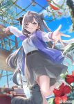  1girl :d arys_yk belt black_ribbon blue_sky braid braided_bangs brown_belt cat cloud collared_shirt commentary_request cone_hair_bun day double_bun earrings flower grey_eyes grey_hair grey_necktie grey_skirt grin hair_bun hair_ornament hair_ribbon hairclip hololive hololive_indonesia jacket jewelry kneehighs letterman_jacket long_hair looking_at_viewer necktie official_art outstretched_arms pleated_skirt purple_jacket reaching reaching_towards_viewer ribbon shirt shirt_tucked_in single_earring single_sidelock skirt sky smile socks solo standing standing_on_one_leg two_side_up very_long_hair vestia_zeta virtual_youtuber white_shirt white_sleeves white_socks 