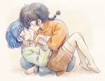  1boy 1girl barefoot black_hair blue_eyes blue_hair braid braided_ponytail cardigan chinese_clothes commentary_request indian_style odochi_(1or8) painting_(medium) pants ranma_1/2 saotome_ranma short_hair simple_background single_braid sitting sitting_on_lap sitting_on_person skirt tangzhuang tendou_akane thighhighs traditional_media watercolor_(medium) 