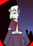  1girl absurdres blonde_hair bow bowtie collared_dress commentary cowboy_shot dress emt59728570 gap_(touhou) hat highres light_frown long_hair long_sleeves maribel_hearn mob_cap night purple_eyes red_bow red_bowtie sash sky solo straight-on touhou white_hat white_sash 